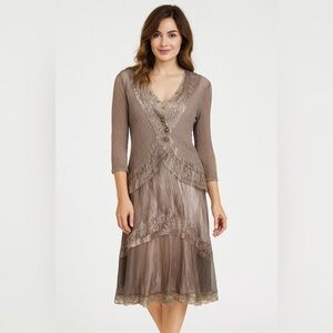 Komarov Piece beige Chiffon Midi Dress Jacket size large mother of bride 2 piece